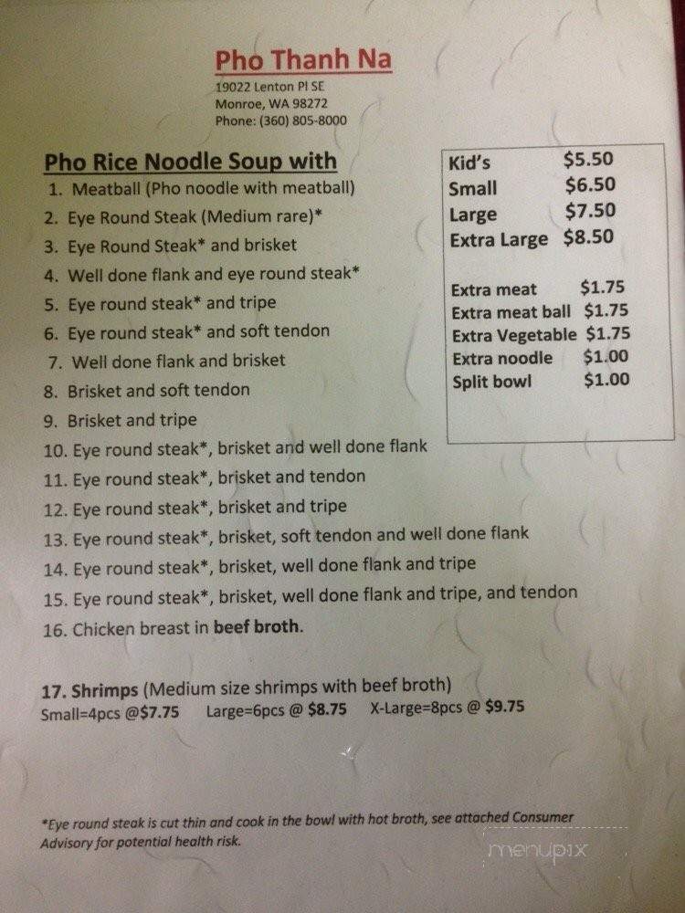 Pho Thanh Na - Monroe, WA menu_pic