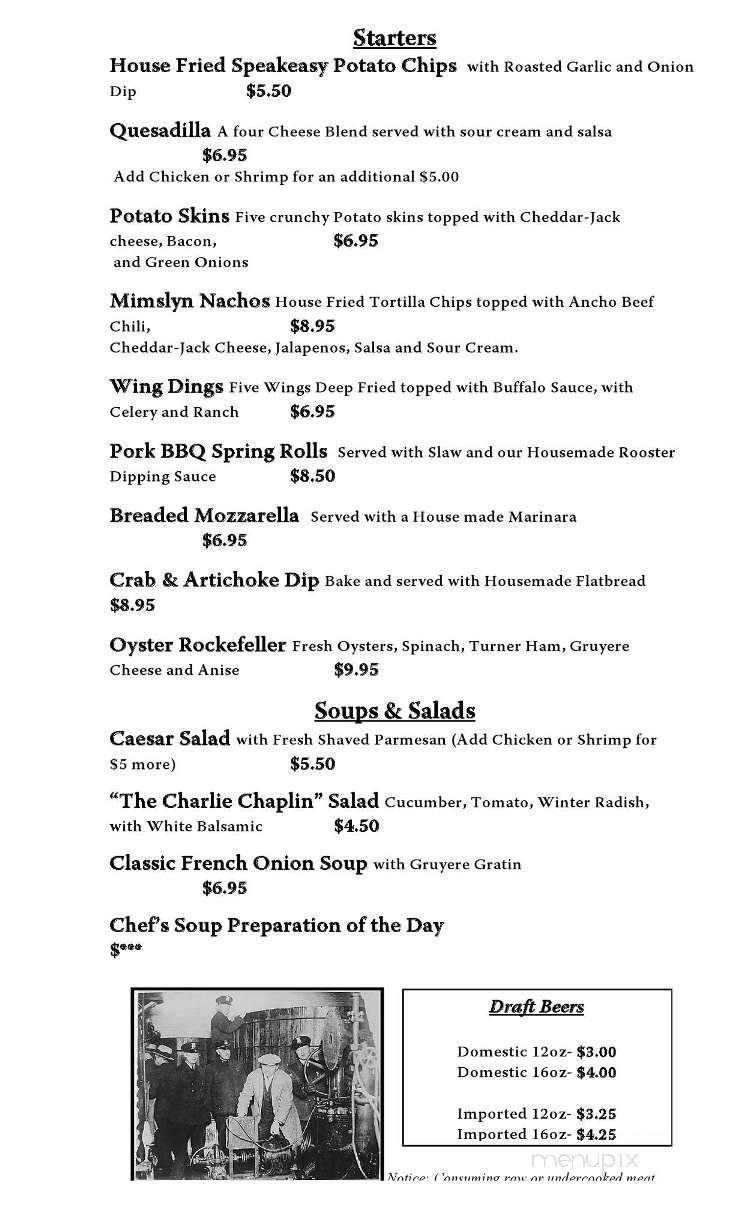 The Speakeasy Bar and Restaurant - Luray, VA menu_pic