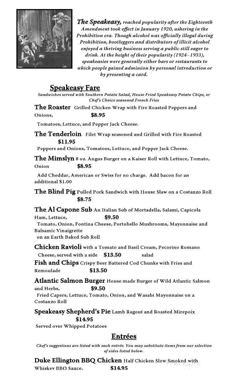 The Speakeasy Bar and Restaurant - Luray, VA menu_pic