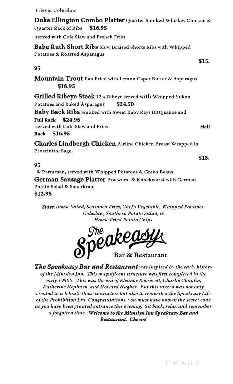 The Speakeasy Bar and Restaurant - Luray, VA menu_pic
