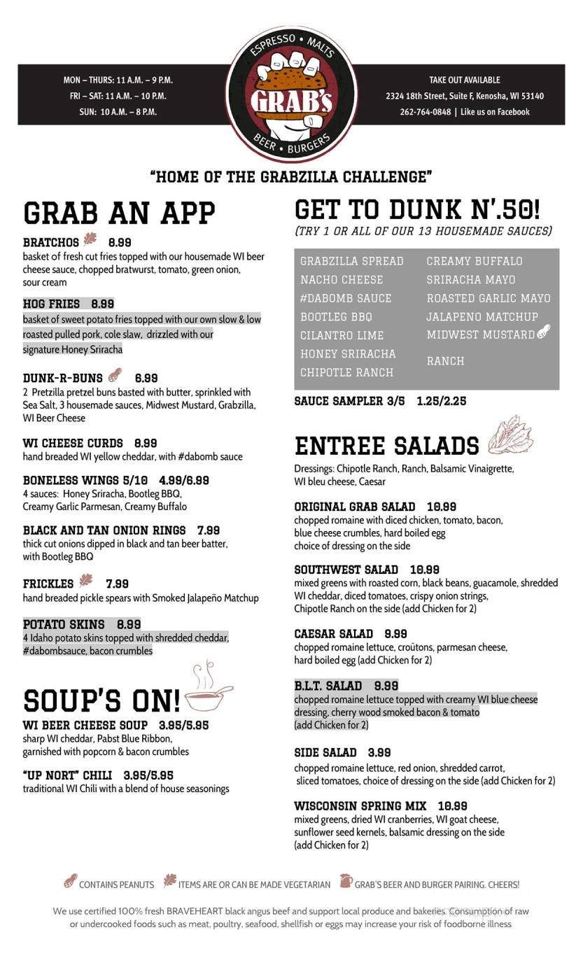 Grab's Burger Bar - Kenosha, WI menu_pic