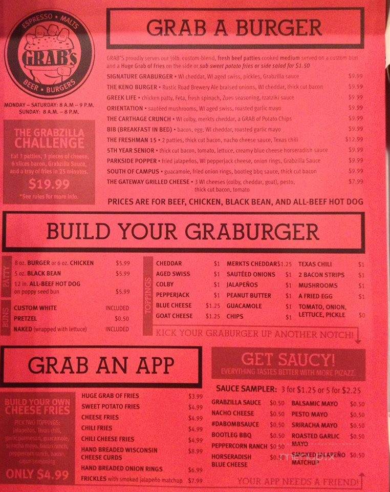 Grab's Burger Bar - Kenosha, WI menu_pic