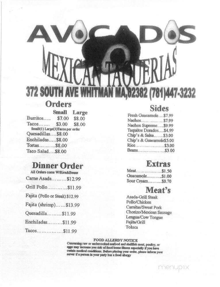 Avocados - Whitman, MA menu_pic