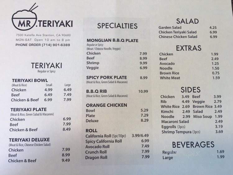 Mr Teriyaki - Stanton, CA menu_pic