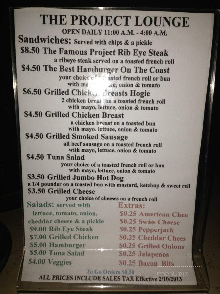 The Project Lounge - Biloxi, MS menu_pic