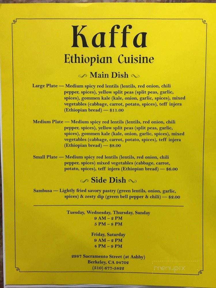 Kaffa Ethiopian Cuisine - Berkeley, CA menu_pic