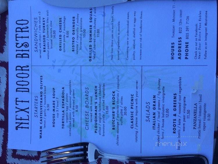 Next Door Bistro - Paso Robles, CA menu_pic