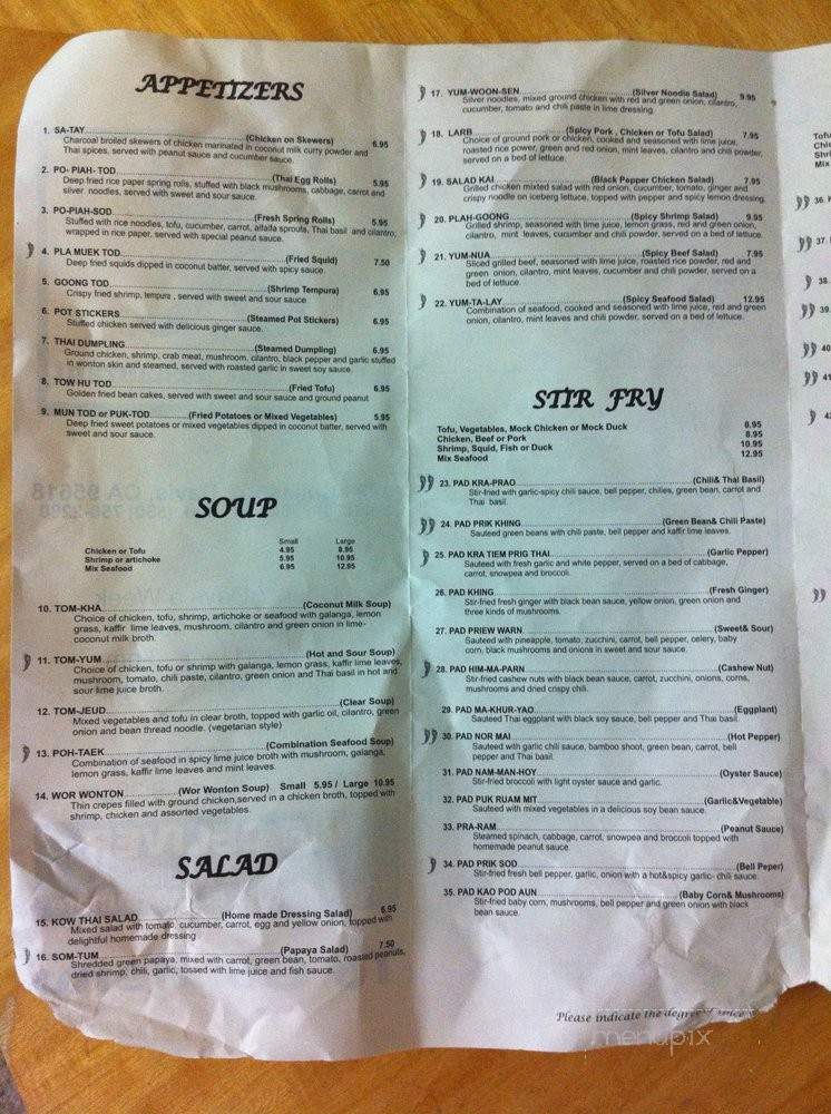 Kow Thai Restaurant - Davis, CA menu_pic
