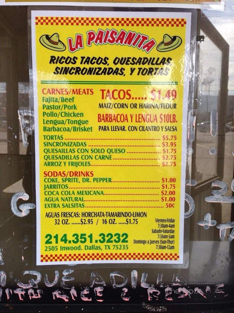 Taqueria La Paisanita - Dallas, TX menu_pic