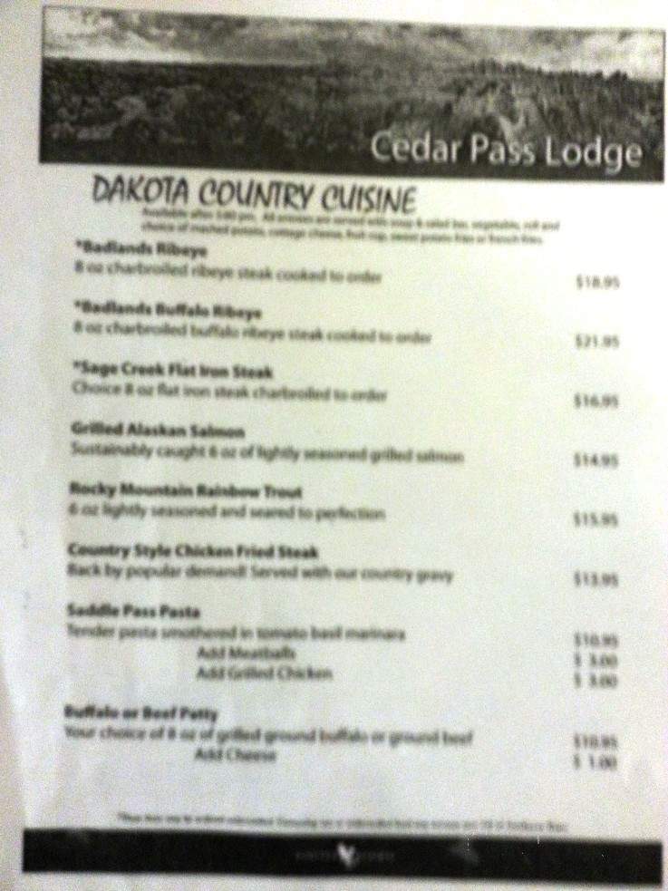 Cedar Pass Lodge Cafe - Interior, SD menu_pic
