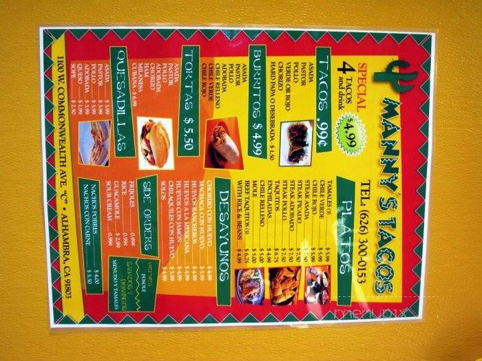Manny's Tacos - Alhambra, CA menu_pic