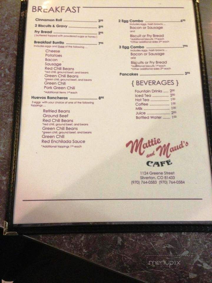 Mattie and Maud's Cafe - Silverton, CO menu_pic