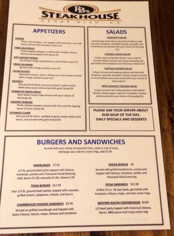 RB's Steakhouse - Lake Arrowhead, CA menu_pic