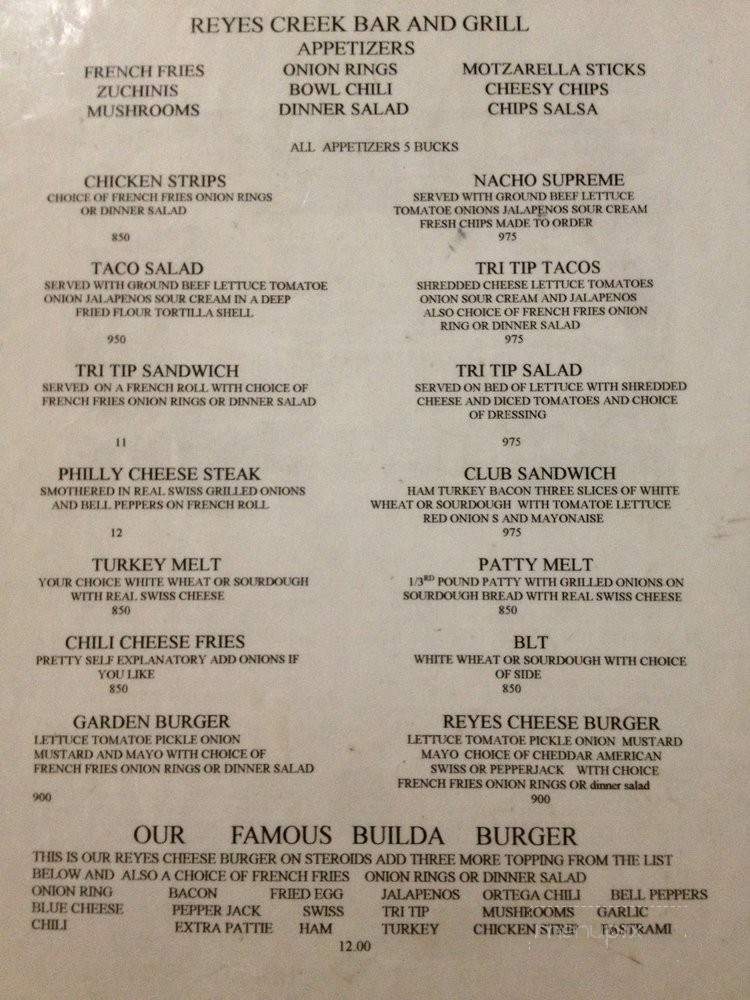 Reyes Creek Bar and Grill - Maricopa, CA menu_pic
