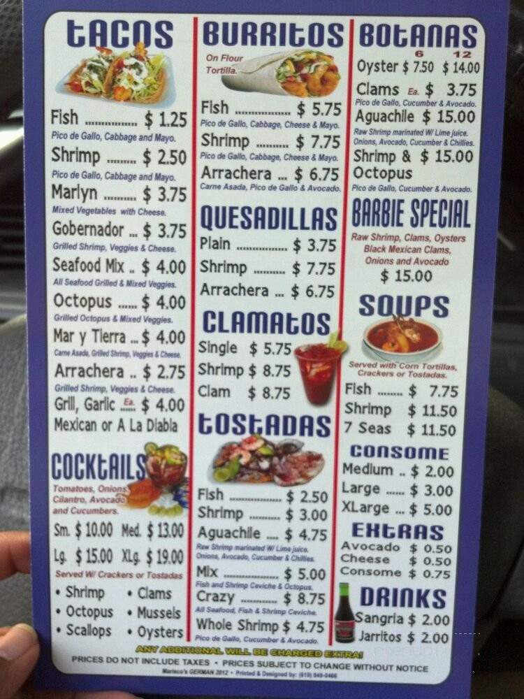 Menu of Mariscos German Lonchera 2 Taco Truck in San Diego, CA 92113