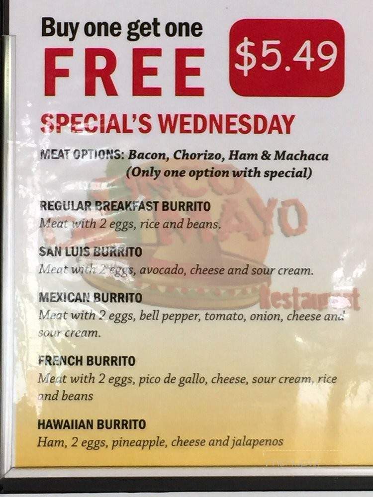 Cinco De Mayo Restaurant - San Luis Obispo, CA menu_pic