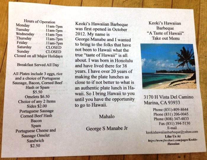 /250273334/Keokis-Hawaiian-Barbecue-Menu-Marina-CA - Marina, CA