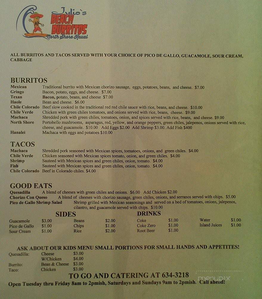 Julios Beach Burritos - Kilauea, HI menu_pic