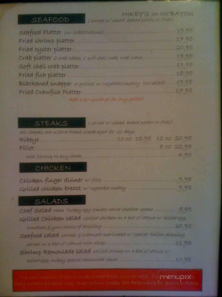 Mikey's On the Bayou - Ocean Springs, MS menu_pic