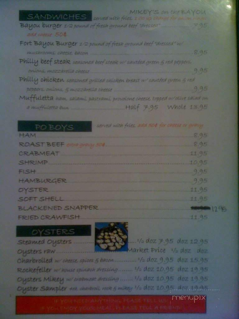 Mikey's On the Bayou - Ocean Springs, MS menu_pic