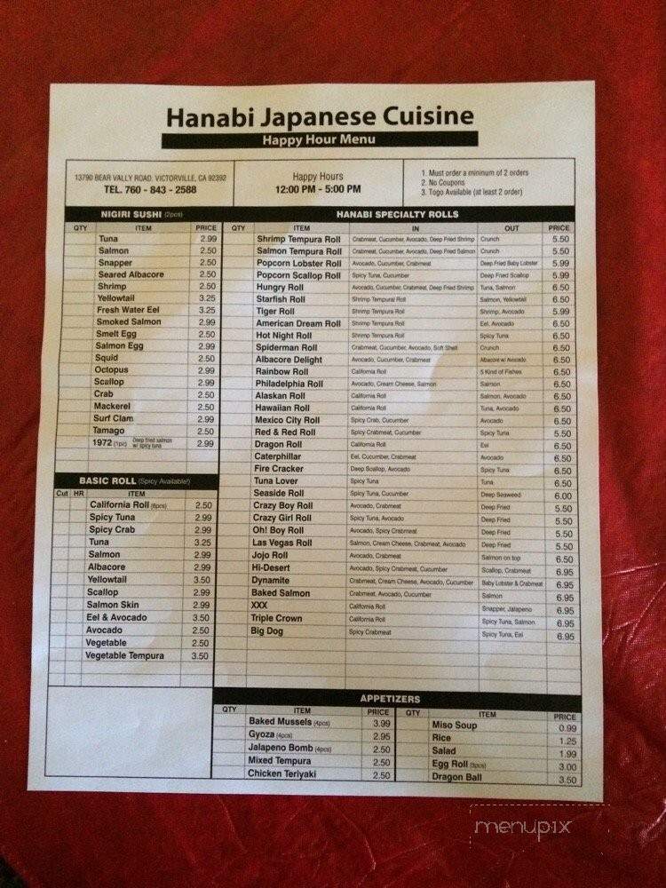 Hanabi Japanese Cuisine - Victorville, CA menu_pic