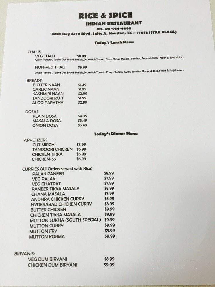 Rice & Spice Indian Restaurant - Houston, TX menu_pic