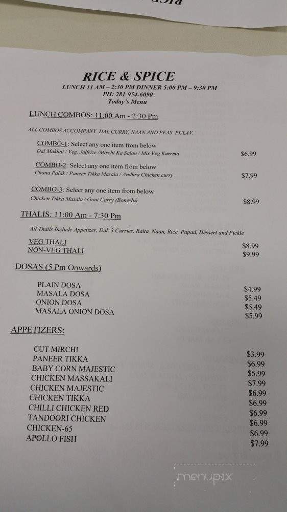 Rice & Spice Indian Restaurant - Houston, TX menu_pic