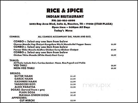 Rice & Spice Indian Restaurant - Houston, TX menu_pic