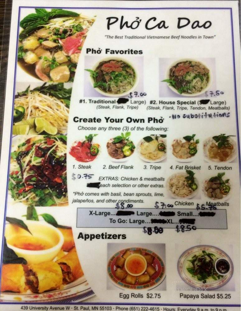 Pho Ca Dao - Saint Paul, MN menu_pic