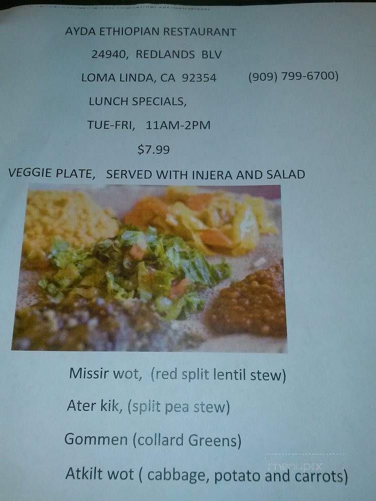 Ayda Ethiopian Restaurant - Loma Linda, CA menu_pic