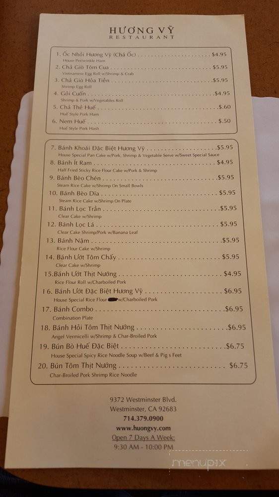 Huong Vy Restaurant - Westminster, CA menu_pic