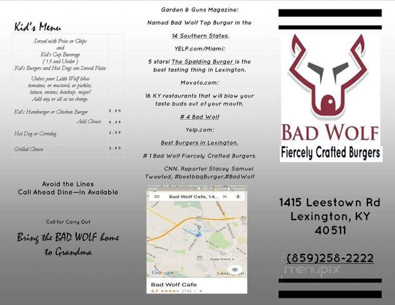 Bad Wolf Fiercely Crafted Burgers - Lexington, KY menu_pic