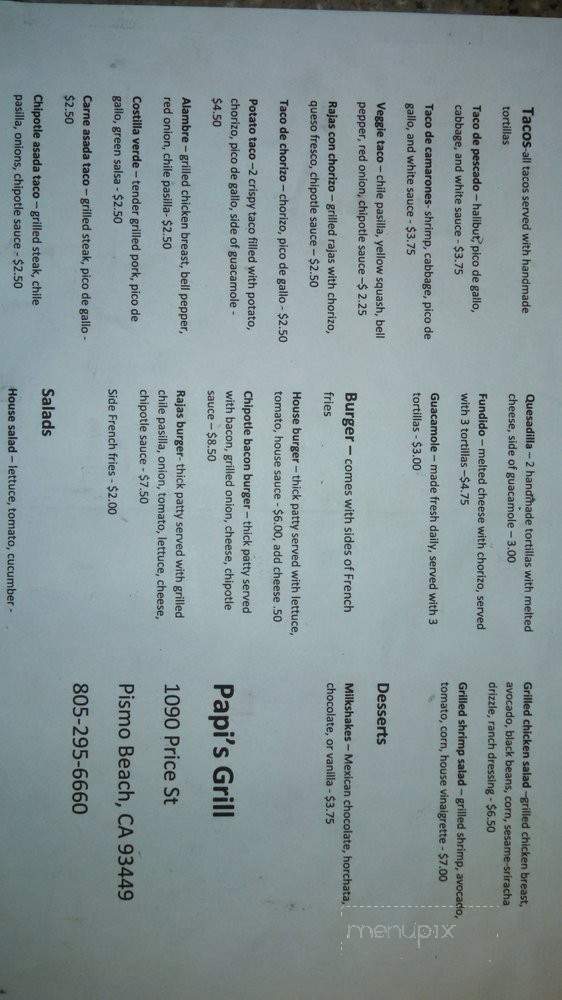 Papi's Grill - Pismo Beach, CA menu_pic