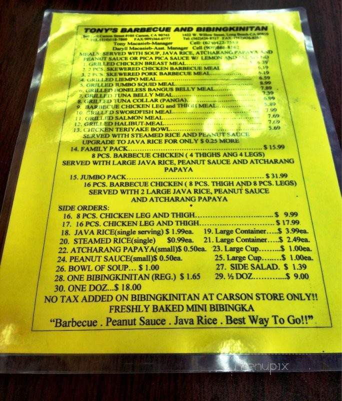 Tony's Barbecue and Bibingkinitan - Carson, CA menu_pic