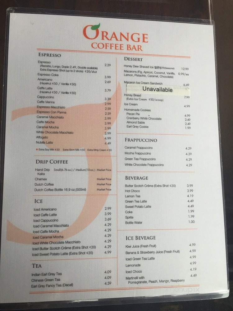 Orange Coffee Bar - Duluth, GA menu_pic