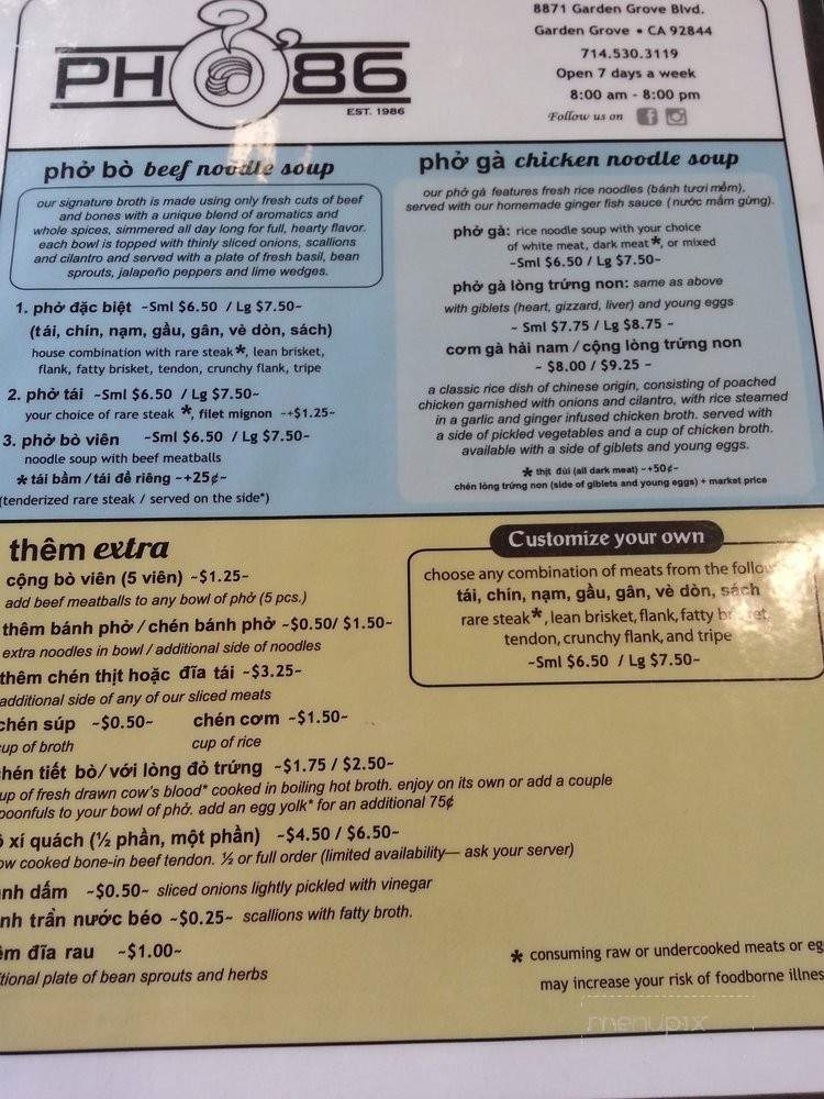 Pho 86 Restaurant - Garden Grove, CA menu_pic