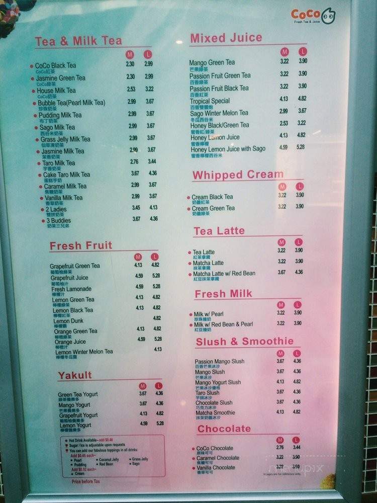 CoCo Fresh Tea & Juice - Arcadia, CA menu_pic