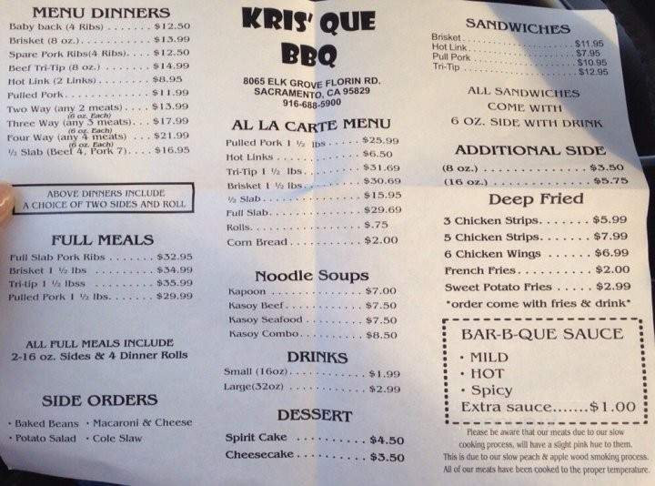 Kris's Que BBQ - Sacramento, CA menu_pic