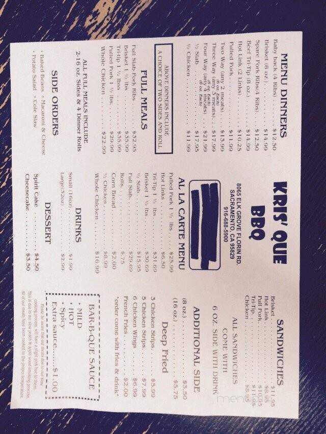 Kris's Que BBQ - Sacramento, CA menu_pic