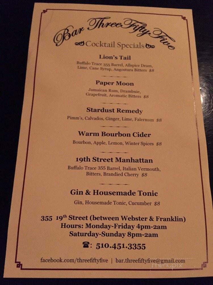 Bar Three Fifty-Five - Oakland, CA menu_pic