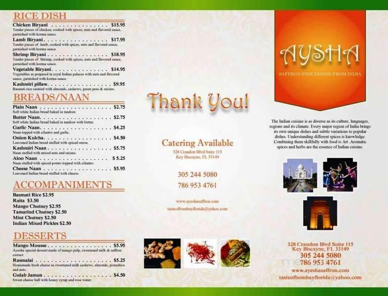 Ayesha Indian Restaurant - Key Biscayne, FL menu_pic
