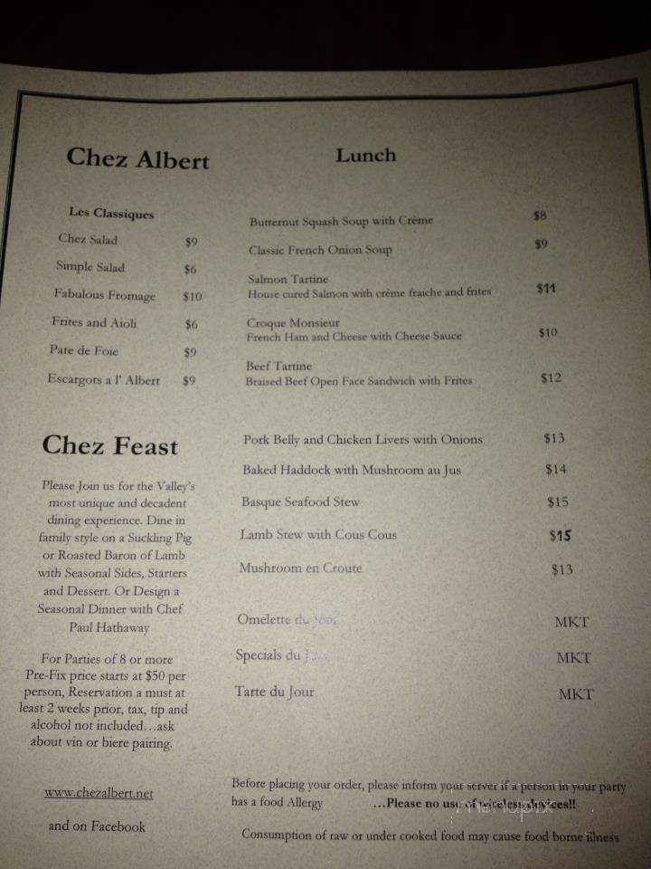Chez Albert - Amherst, MA menu_pic