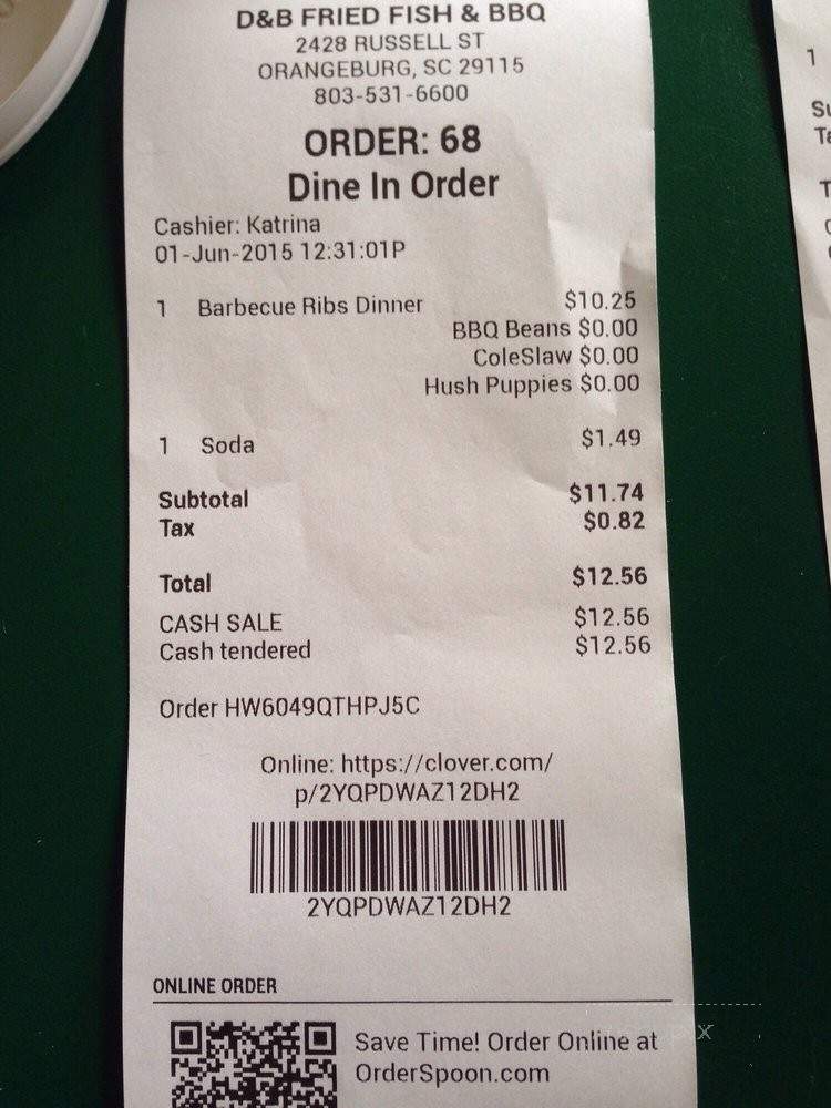 D & B Fried Fish & Barbecue - Orangeburg, SC menu_pic
