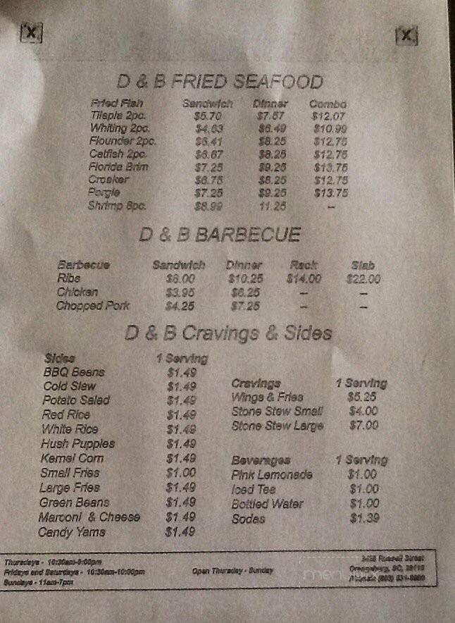 D & B Fried Fish & Barbecue - Orangeburg, SC menu_pic