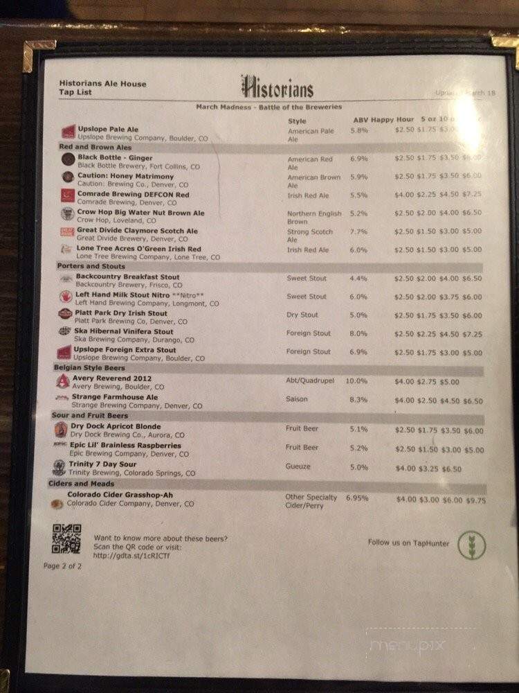 Historians Ale House - Denver, CO menu_pic