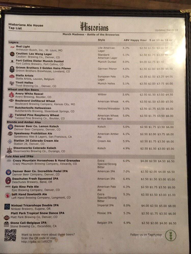 Historians Ale House - Denver, CO menu_pic