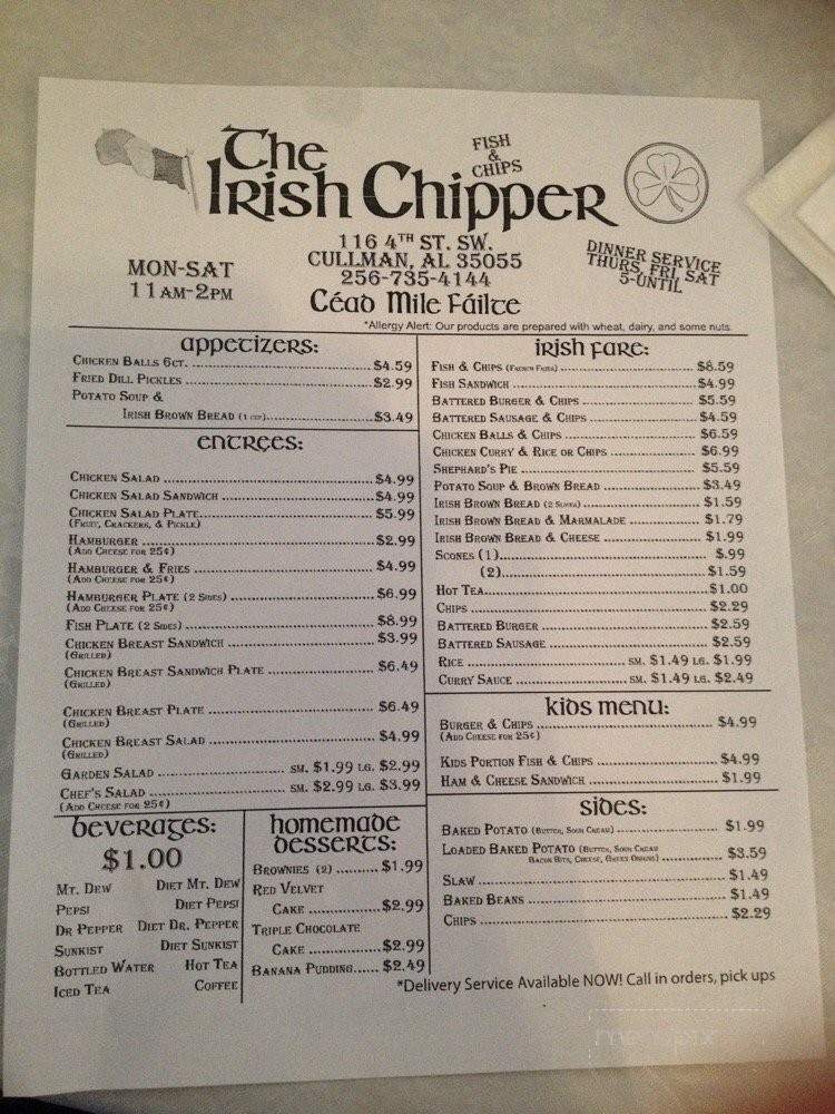 The Irish Chipper - Cullman, AL menu_pic