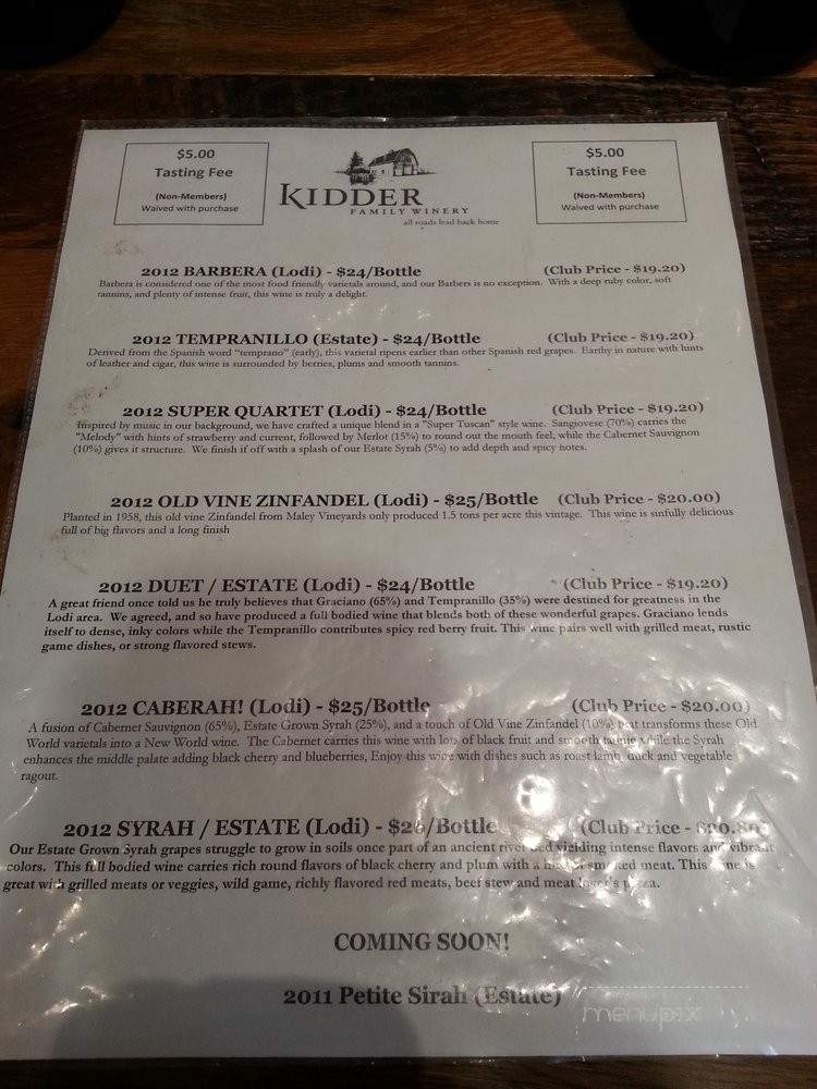 Kidder Family Winery - Lodi, CA menu_pic