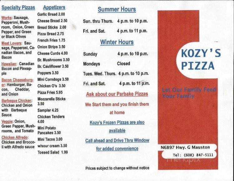 Kozy's Pizza - Mauston, WI menu_pic