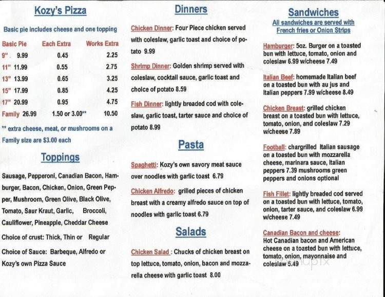 Kozy's Pizza - Mauston, WI menu_pic